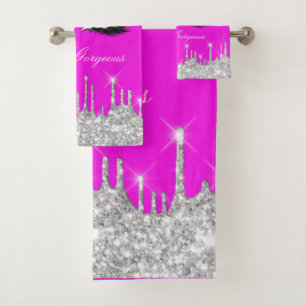 Drips Glitter Silver Grey Pink Lash Hello Bath Bath Towel Set