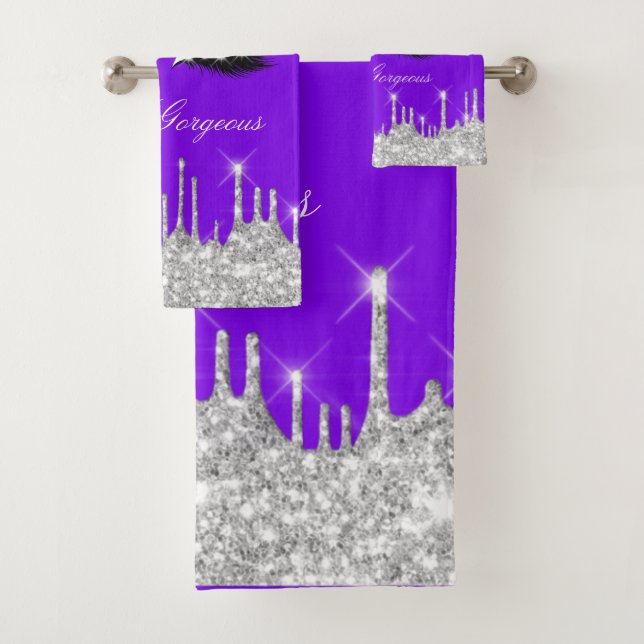 Drips Glitter Silver Purple Lash Hello  Bath Bath Towel Set (Insitu)