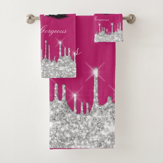 Drips Glitter Silver Royal Pink Lash Hello  Bath Towel Set (Insitu)
