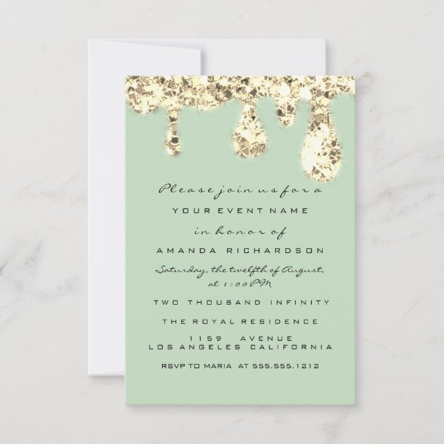  Drips Gold Glitter Bridal Sweet 16th Mint Green Invitation (Front)