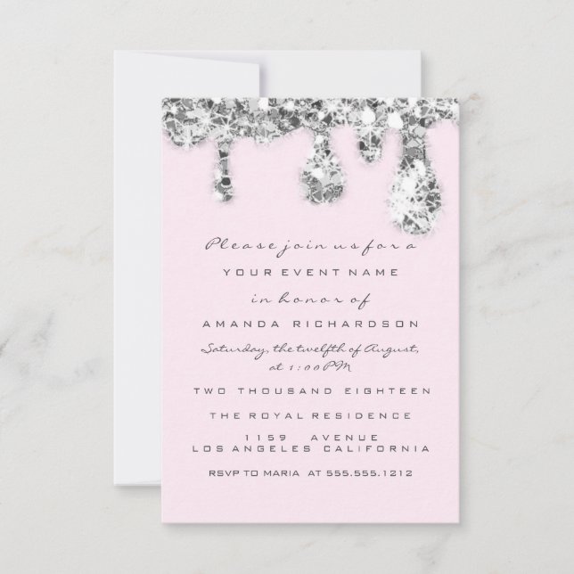  Drips Grey Pink Silver Glitter Bridal Sweet 16th Invitation (Front)