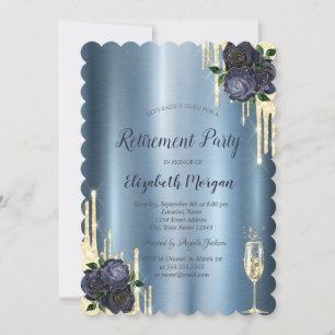 Drips,Navy Blue Roses Metallic Retirement Invitation