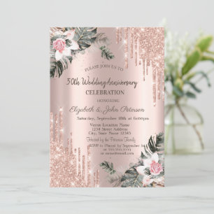 Drips,Palm Branches,Roses Wedding Anniversary Invitation