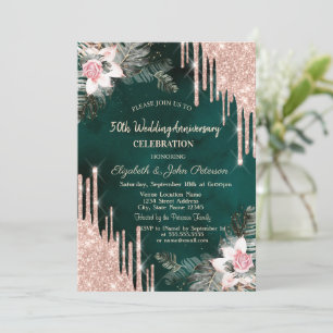 Drips,Palm Leaves,Roses Green Wedding Anniversary Invitation