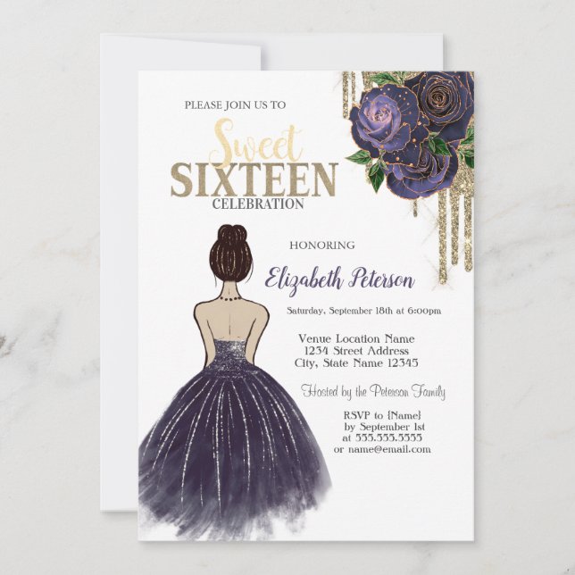 Drips,Purple Dress, Roses Sweet 16 Invitation (Front)