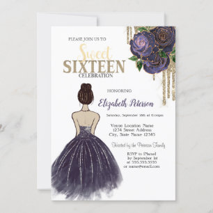 Drips,Purple Dress, Roses Sweet 16 Invitation