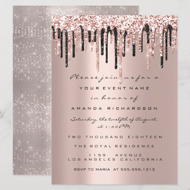 Drips Rose Birthday Bridal Shower Sweet 16 Classy Invitation (Front/Back)