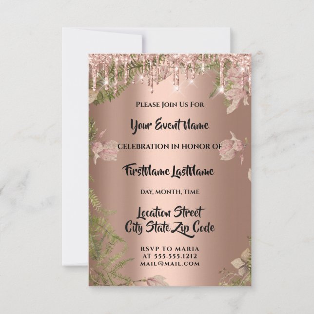 Drips Rose Bridal Wedding Wreath Woodland Fern  Invitation (Front)