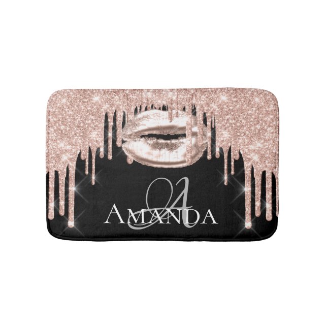 Drips Rose Gold Blush Glitter Name Monogram Black Bath Mat (Front)