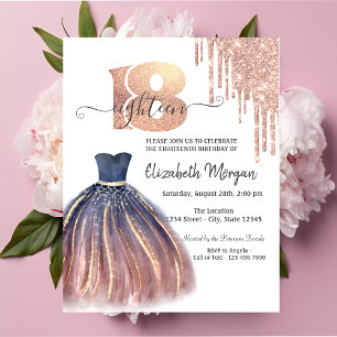 Drips Rose Gold Chic Dress Silver 18th Birthday Invitation