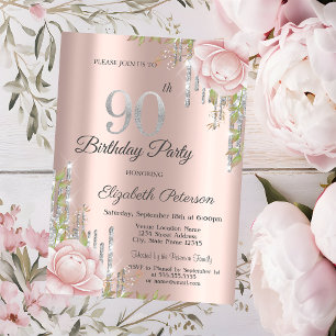 Drips Rose Gold Pink Flowers 90th Birthday  Invitation