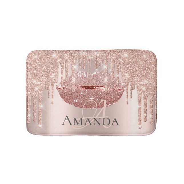 Drips Rose Pink Blush Glitter Name Monogram Makeup Bath Mat (Front)