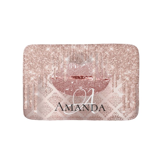 Drips Rose Pink Royal Glitter Name Monogram Makeup Bath Mat (Front)