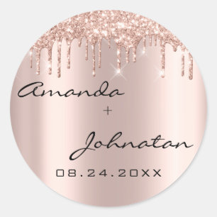 Drips Rose Simply Name Date Black Wedding Classic Round Sticker