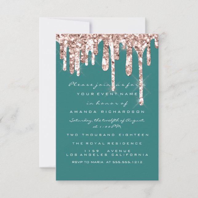  Drips Rose Teal Glitter Bridal Sweet 16th Invitation (Front)