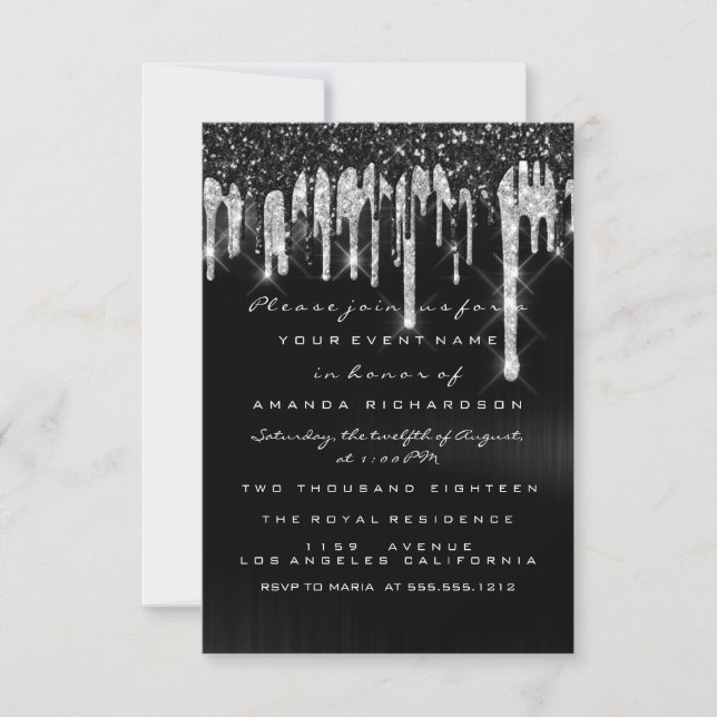Drips Silver Black Bridal Sweet 16th Wedding Invitation (Front)