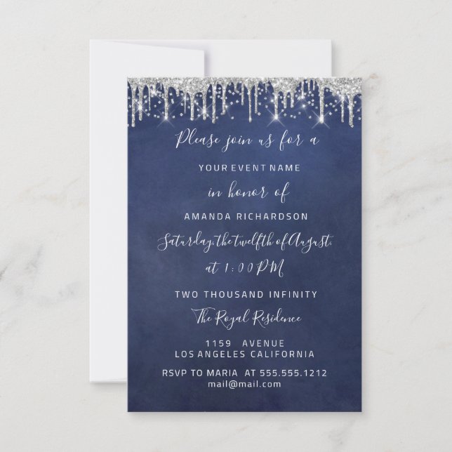 Drips Silver Confetti Bridal Wedding 16th Navy Invitation (Front)