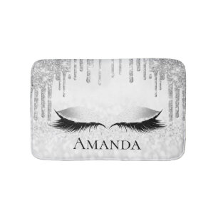 Drips Silver Eyes Glitter Name Monogram Grey Bath Mat