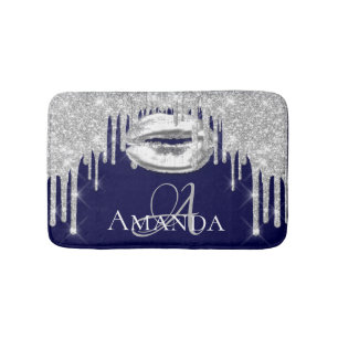 Drips Silver Gray Lips Glitter Name Monogram Navy Bath Mat