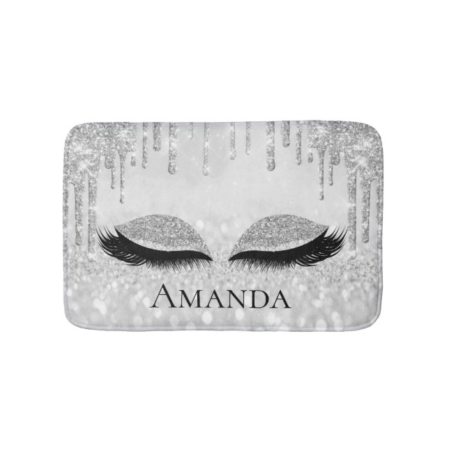 Drips Silver Grey Grey Eyes Lashes Glitter Name Bath Mat (Front)