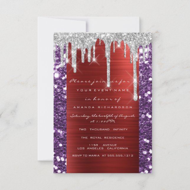 Drips Silver Grey Purple Bridal Shower Sweet 16th  Invitation (Front)