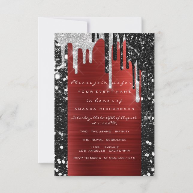 Drips Silver Red Black Bridal Shower Sweet 16th Invitation (Front)