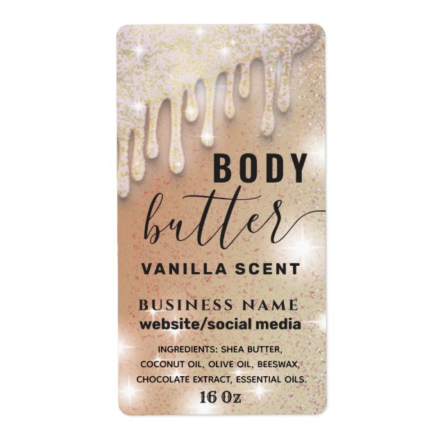 Drips sparkle glittery script body butter label (Front)