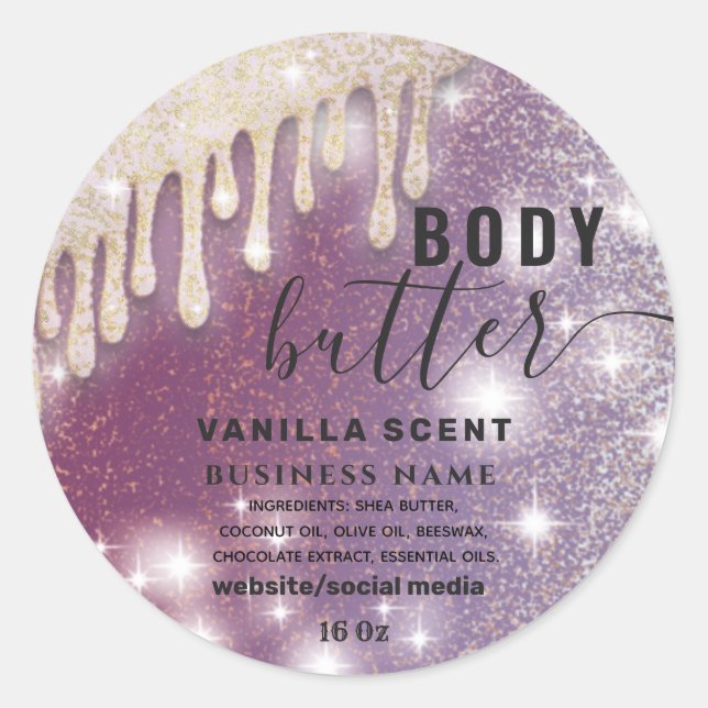 Drips sparkle glittery script body butter label (Front)