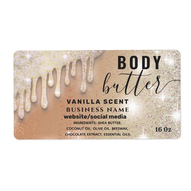 Drips sparkle glittery script body butter label (Front)
