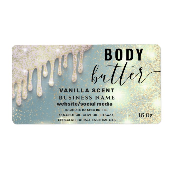 Drips sparkle glittery script body butter label (Front)