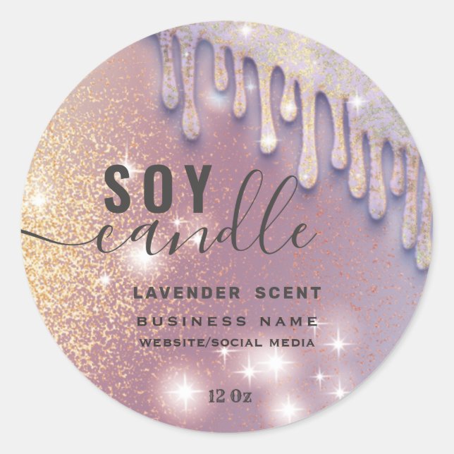 Drips sparkle glittery script soy candle label (Front)