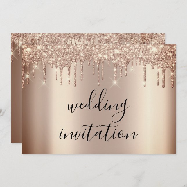 Drips Sparkly Wedding Rose Gold Glitter Effect Invitation (Front/Back)