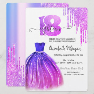 Drips Violet Chic Dress Silver 18th Birthday  Invitation
