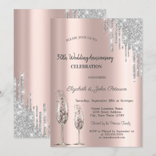 Drips Wine Glass Rose Gold Wedding Anniversary Invitation