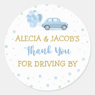 Drive Blue Car Balloons Through Boy Baby Shower Classic Round Sticker