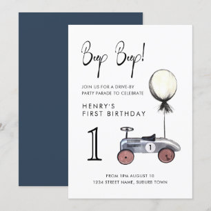 Drive by 1st Birthday Parade Retro Blue Car Invitation