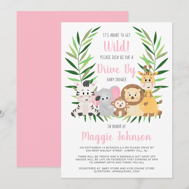 Drive By About to Get Wild Safari Baby Girl Shower Invitation (Front/Back)