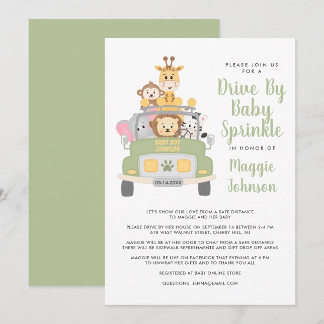 Drive By Animal Safari Baby Sprinkle Invitation (Front/Back)