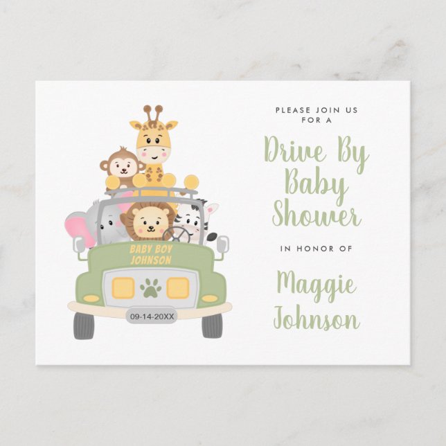 Drive By Animal Safari Cute Baby Shower Invitation Postcard (Front)