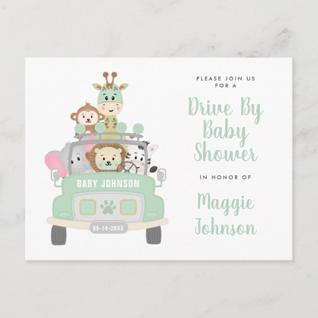 Drive By Animal Safari Cute Mint Green Baby Shower Invitation Postcard (Front)