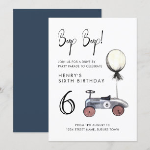 Drive by Any Age Birthday Parade Retro Blue Car Invitation