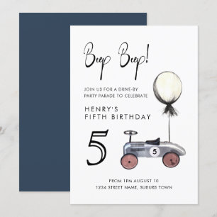 Drive by Any Age Birthday Parade Retro Blue Car Invitation