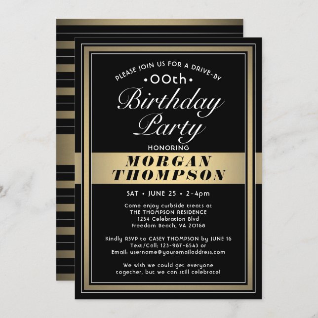Drive-By Any Birthday Black Gold and White Party Invitation (Front/Back)