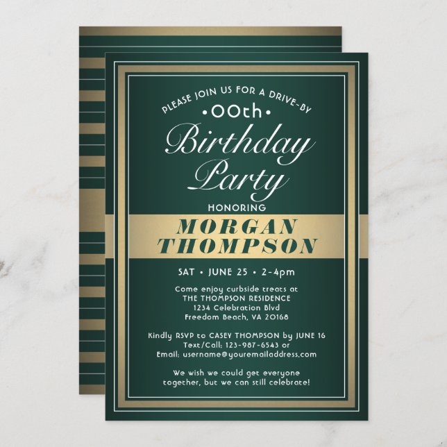 Drive-By Any Birthday Green Gold and White Party Invitation (Front/Back)