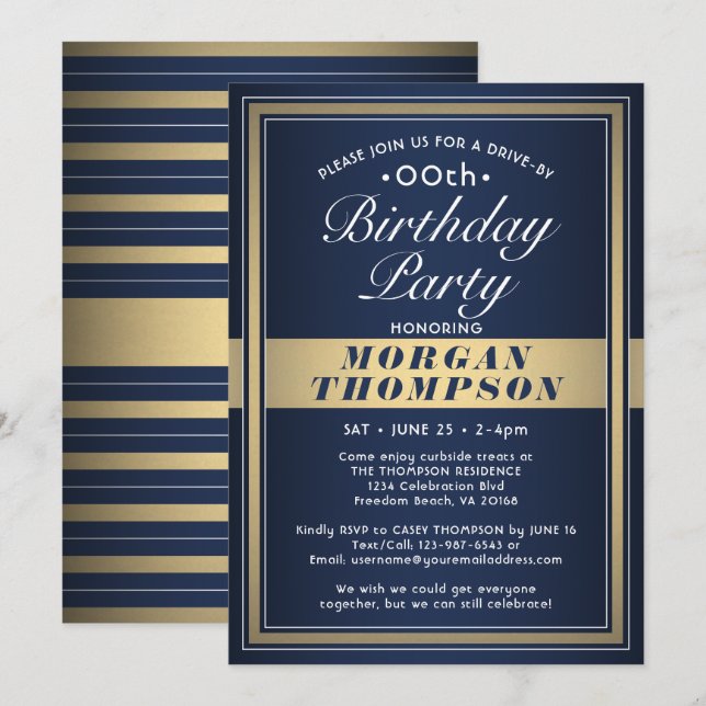 Drive-By Any Birthday Navy Blue Gold & White Party Invitation (Front/Back)