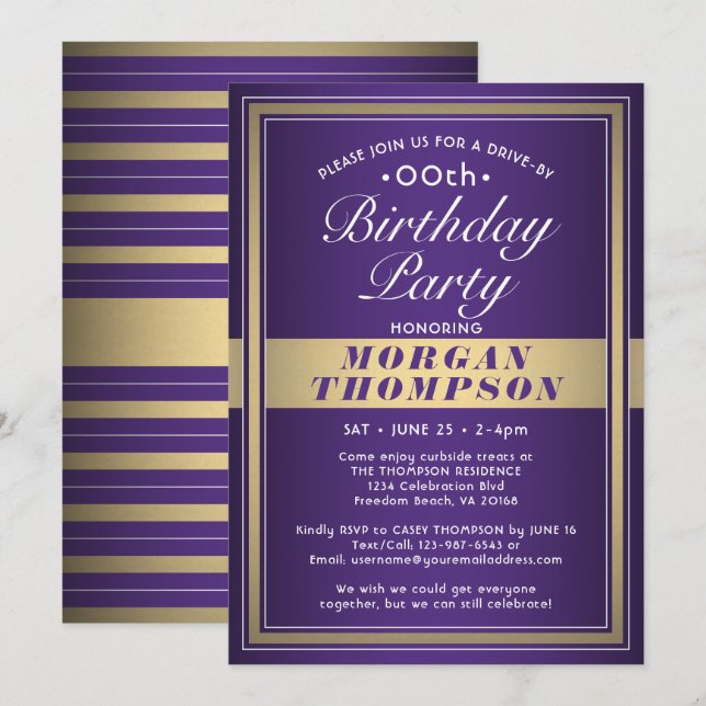 Drive-By Any Birthday Purple Gold and White Party Invitation (Front/Back)