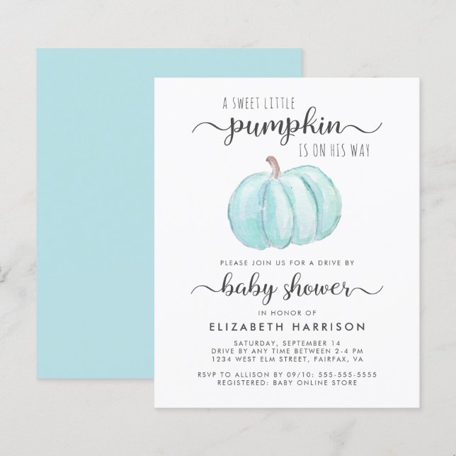 Drive By Baby Boy Shower Blue Pumpkin Invitation (Front/Back)