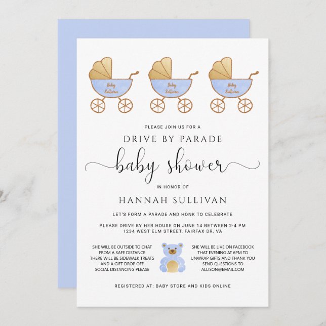 Drive By Baby Boy Shower | Retro Carriage Blue Invitation (Front/Back)