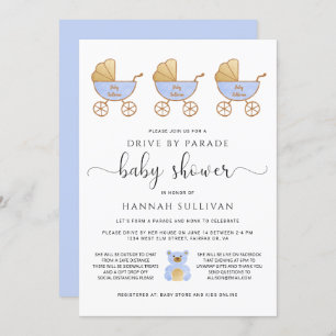 Drive By Baby Boy Shower   Retro Carriage Blue Invitation
