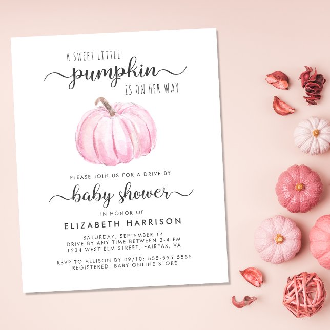 Drive By Baby Girl Shower Pink Pumpkin Invitation (Celebrate the upcoming arrival of your sweet autumn baby with a pumpkin-themed drive by baby shower)